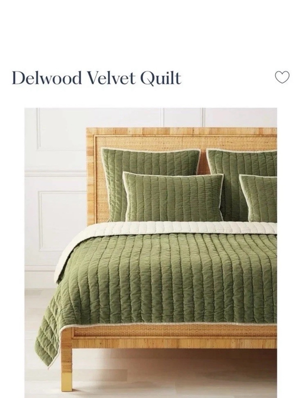 Serena & Lily Delwood Velvet Quilt in Olive Green with Cream Trim
